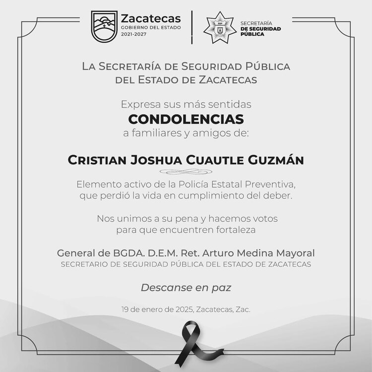 El secretario de Seguridad de Zacatecas confirmó la muerte del policía herido tras la agresión armada.