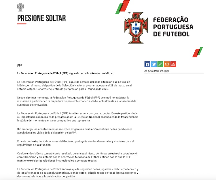 La Federación Portuguesa de Futbol lanza comunicado sobre lo ocurrido en México.
