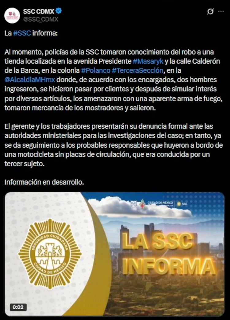 Un asalto a una tienda Gucci sobre la avenida Presidente Masaryk provocó un despliegue de la Secretaría de Seguridad Ciudadana en Polanco.