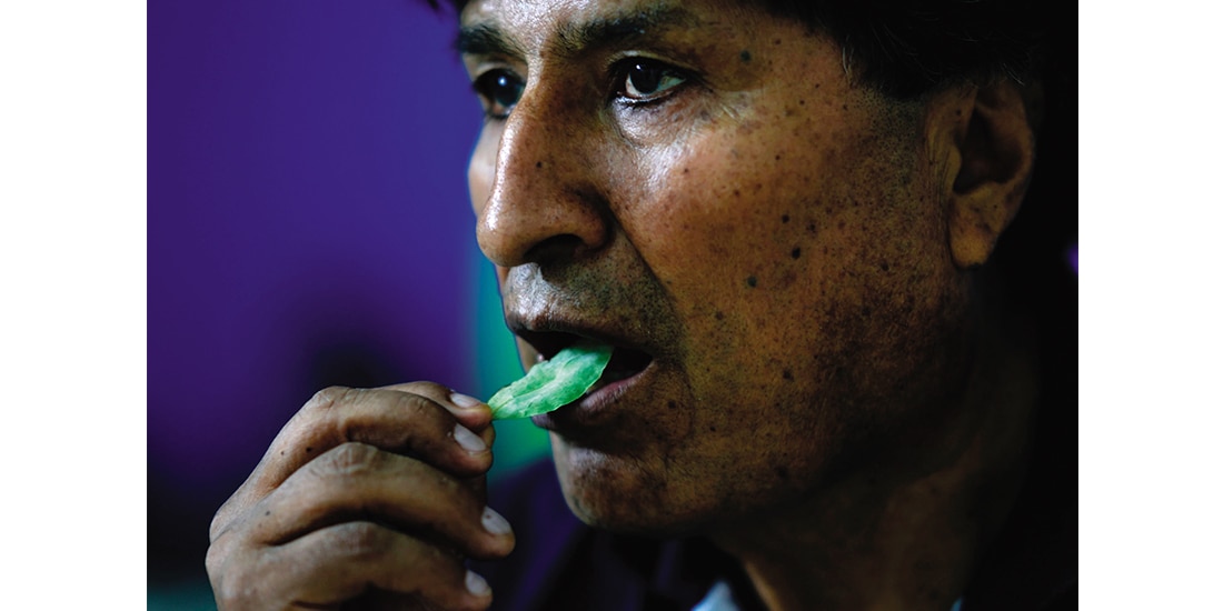 El expresidente boliviano, Evo Morales, con una hoja de coca, el 3 de noviembre de 2024.