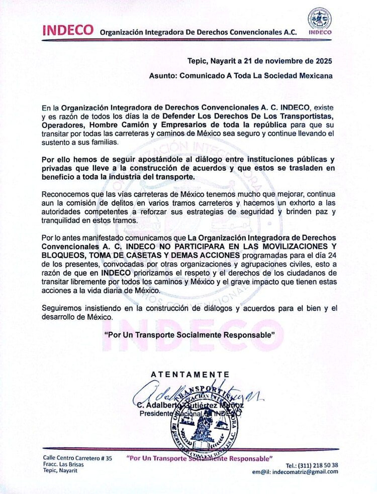 Transportistas se deslindan de movilizaciones este 24 de noviembre