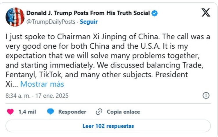 Mensaje de Donald Trump en Truth.