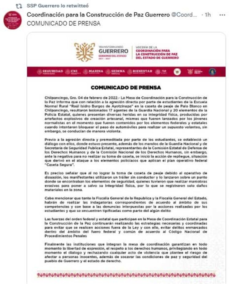 El comunicado de la Mesa de Coordinación para la Construcción de la Paz