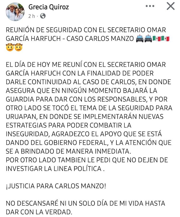 Harfuch y alcaldesa de Uruapan se reúnen