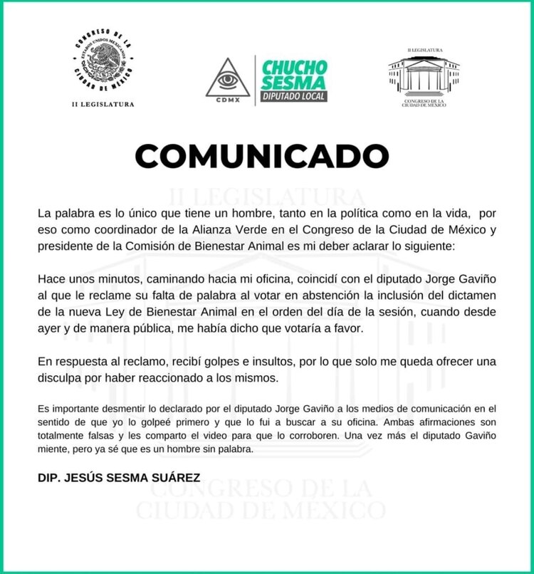 Comunicado emitido por Jesús Sesma a través de redes sociales.
