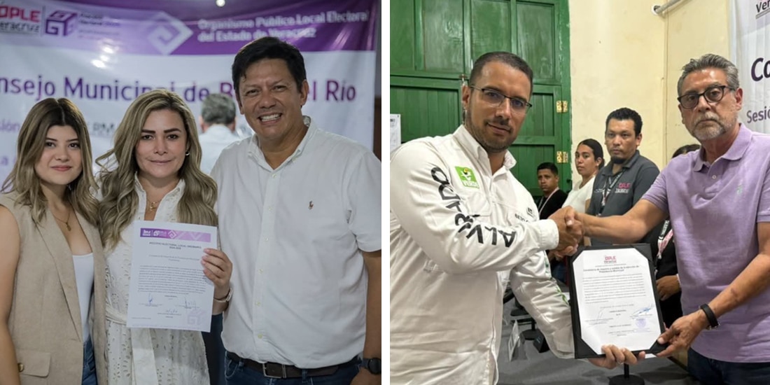 La panista Maryjose Gamboa, alcaldesa electa de Boca del Río, ayer. │ Alberto Cobos, del PVEM, recibe su constancia como ganador en Alvarado.