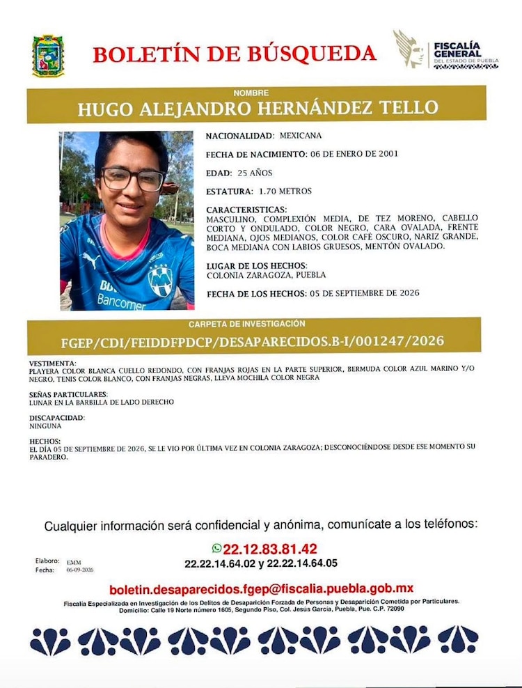 Ficha de desaparición de Hugo Alejandro Hernández Tello