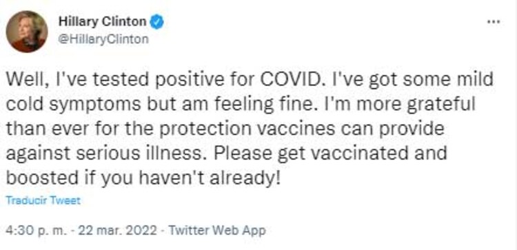 El mensaje de Hillary Clinton donde anuncia que dio positivo a COVID-19