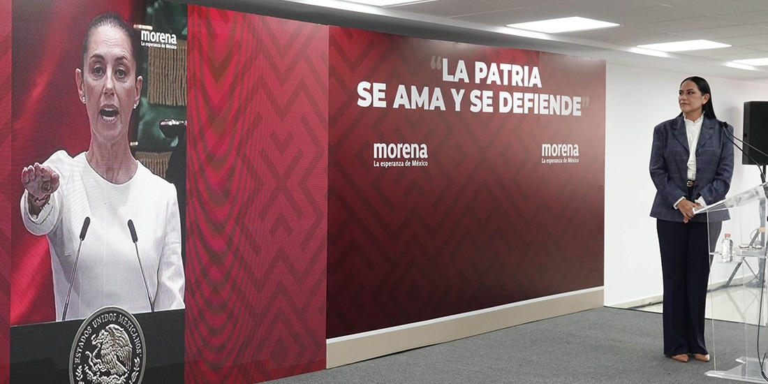 La presidenta nacional de Morena, Ariadna Montiel Reyes, durante una conferencia de prensa