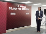 La presidenta nacional de Morena, Ariadna Montiel Reyes, durante una conferencia de prensa