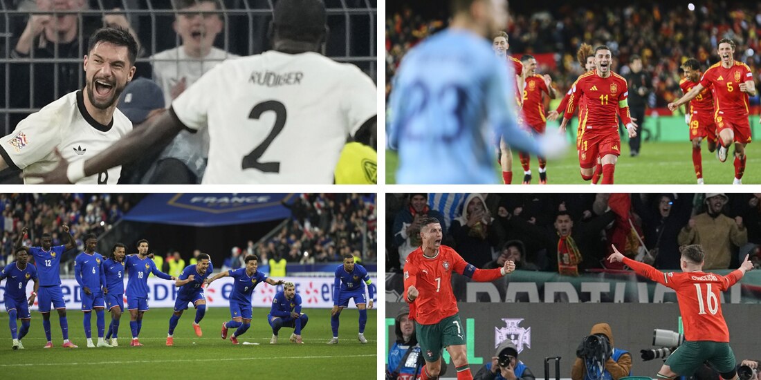 Tim Kleindienst celebra una de sus anotaciones, ayer, en Alemania / jugadores de España corren a festejar con su portero, ayer, el pase a semifinales / Futbolistas galos alegres después de vencer, ayer, a Croacia en la Nations League / cristiano ronaldo colabora con un gol y Portugal avanza, ayer, a la siguiente ronda