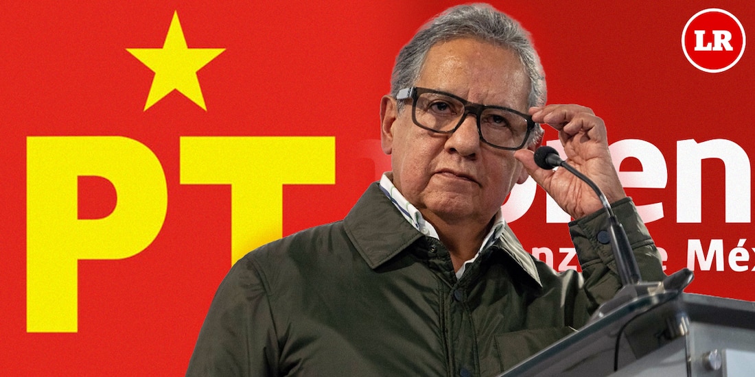 El presidente del Senado, Higinio Martínez Miranda, frente a los logos del PT y Morena.