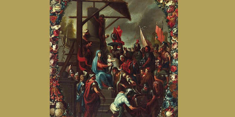 La adoración de los Reyes
Autor: Juan Rodríguez Juárez
Año: s/f
Elementos: el pintor incluyó un autorretrato como parte del cortejo; además, tiene un marco de flores que envuelve la escena y remite a la tradición flamenca. Aparecen también el portal, los Reyes Magos, José y María.