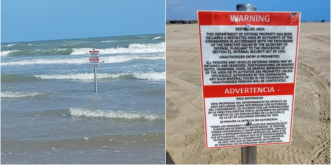Letreros colocados en Playa Bagdad por presuntos agentes del Departamento de Defensa de Estados Unidos.