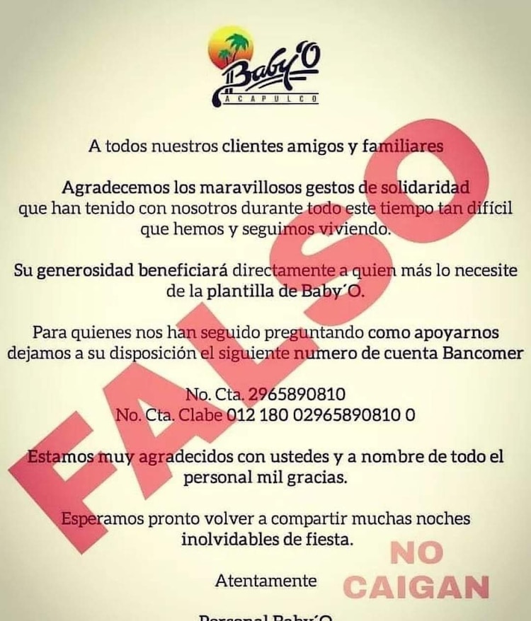 Comunicado fake donde se pide apoyo económico para la Baby´O