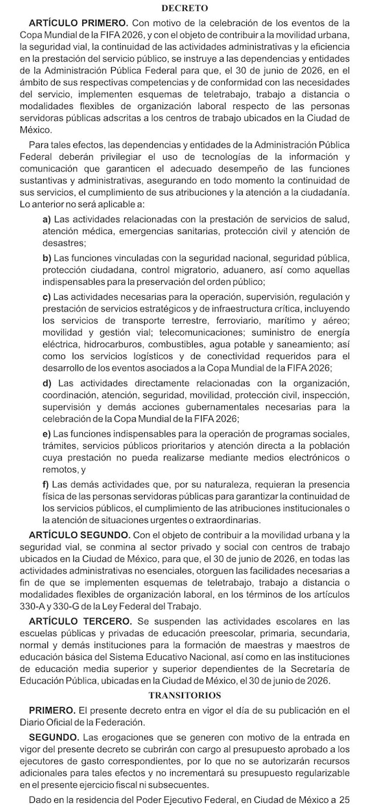 Decreto del DOF por el que se ordena home office en el sector público y se suspenden clases.