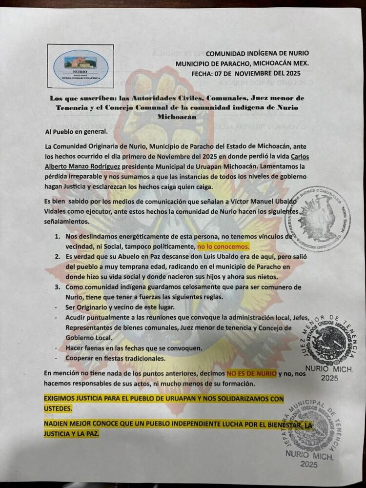 Comunicado de la comunidad de Nurio