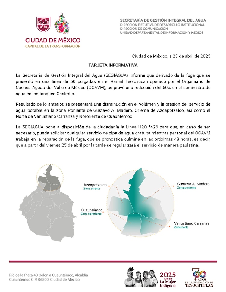 La SEGIAGUA detalló que el corte de agua en las 4 alcaldías de la CDMX obedece a una fuga que se registró en el Ramal Teoloyucan.