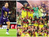 JORDAN Carrillo celebra su gol, ayer. │ JUGADORAS del América, tras levantar el título, ayer