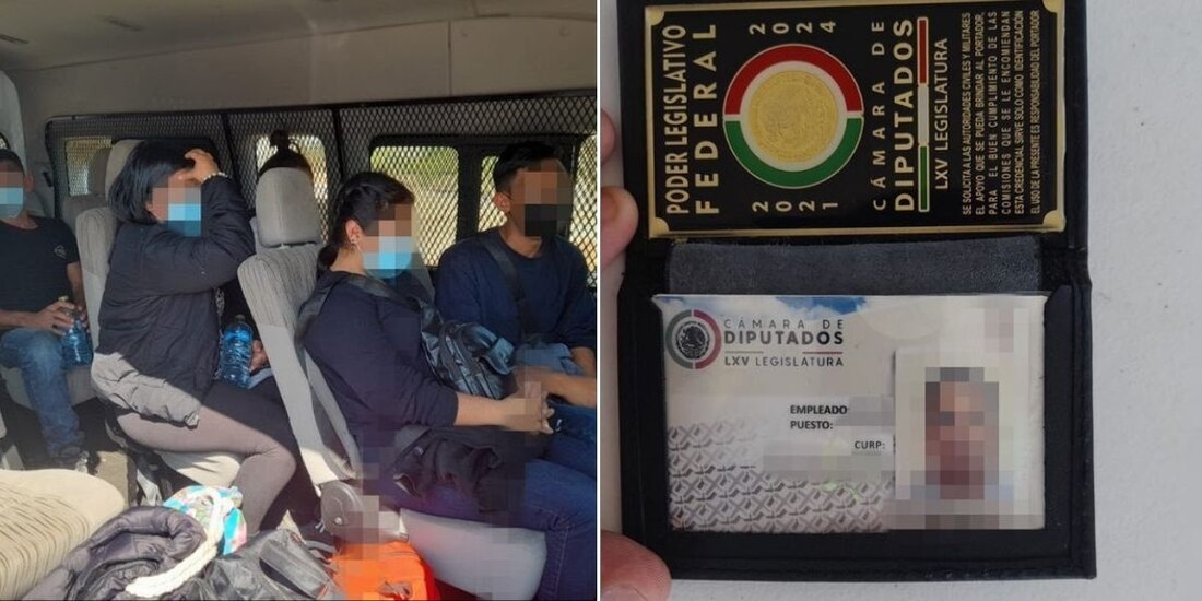 Fotografía de los migrantes hondureños trasladados por el supuesto funcionario y de su presunta identificación.