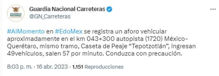 El mensaje en Twitter de Guardia Nacional Carreteras