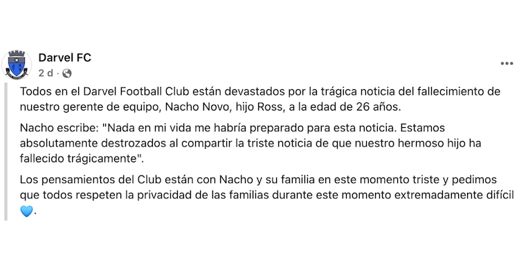 Publicación de Darvel FC sobre la muerte del hijo de Nacho Novo