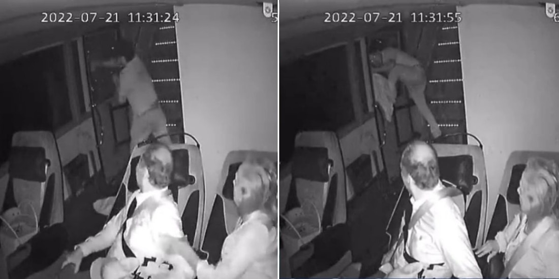 Hombre salta de autobús en movimiento tras romper la ventana con un extintor (VIDEO).