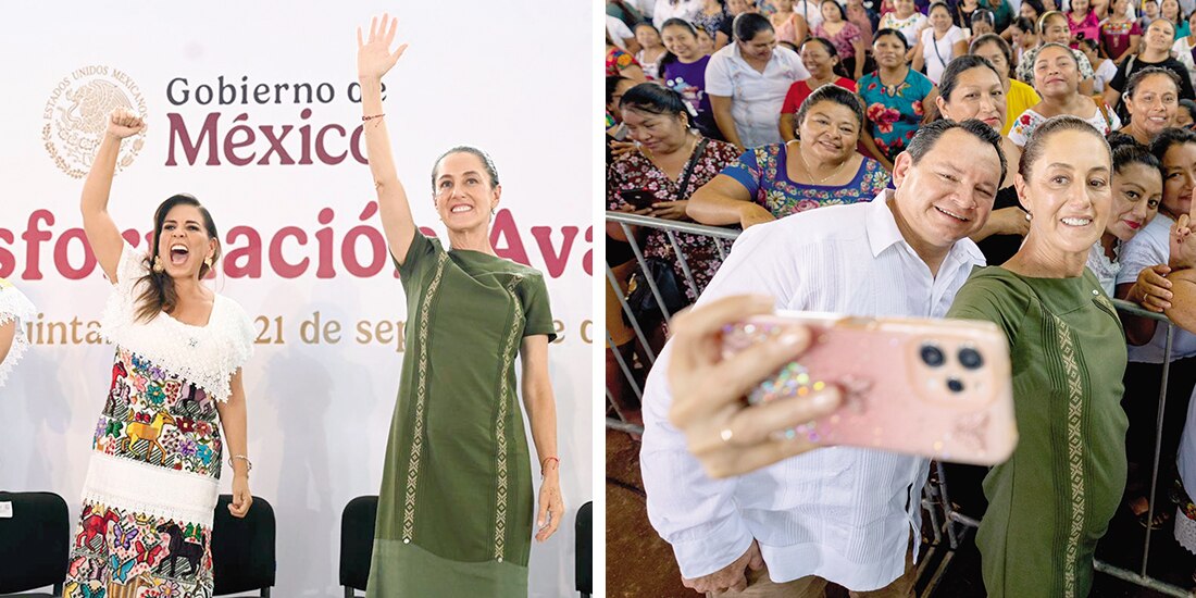 La gobernadora Mara Lezama y Claudia Sheinbaum en la imagen de la izquierda │ Joaquín Díaz y Claudia Sheinbaum se toman una selfie con yucatecos, ayer