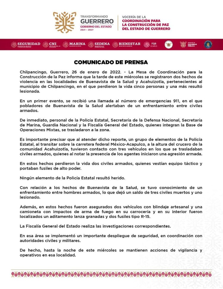 Comunicado sobre las balaceras ocurridas en Chilpancingo, Guerrero.