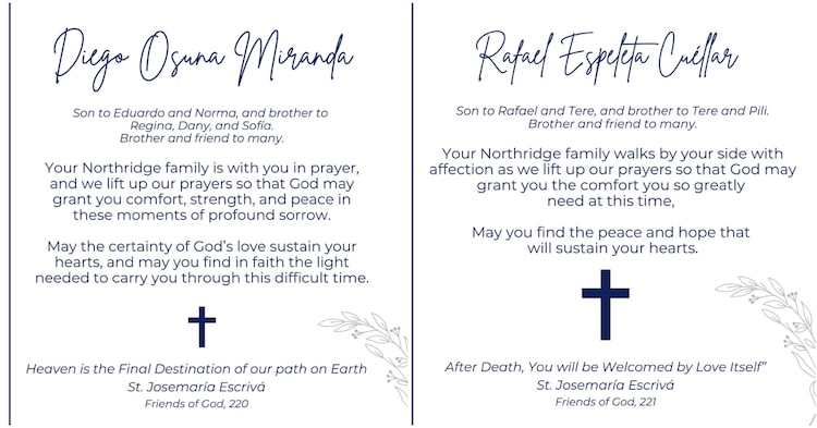 Esquelas de Diego Osuna y Rafael Espeleta, fallecidos en el accidente automovilístico.