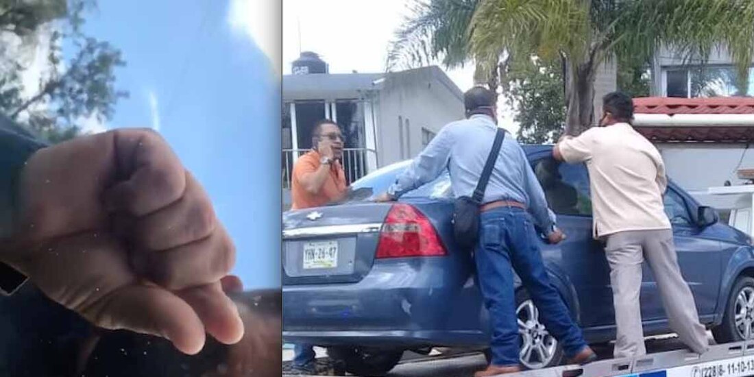 El alcalde José Alfredo López Carreto muestra el momento en que ministeriales se acercan a su vehículo para detenerlo; posteriormente los trasladan en una grúa.