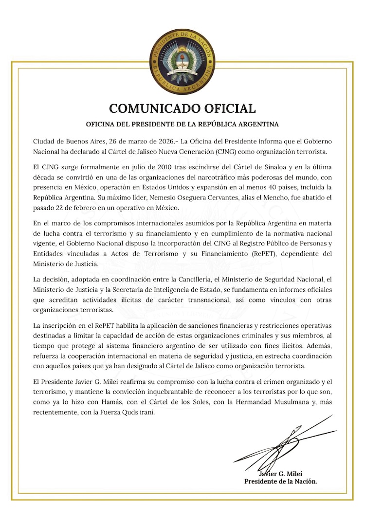 El comunicado del Gobierno argentino.