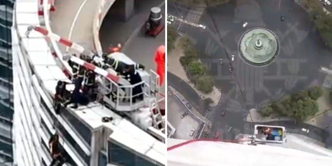 Bomberos rescatan a persona atascada en las alturas, en hotel St. Regis de Paseo de la Reforma.