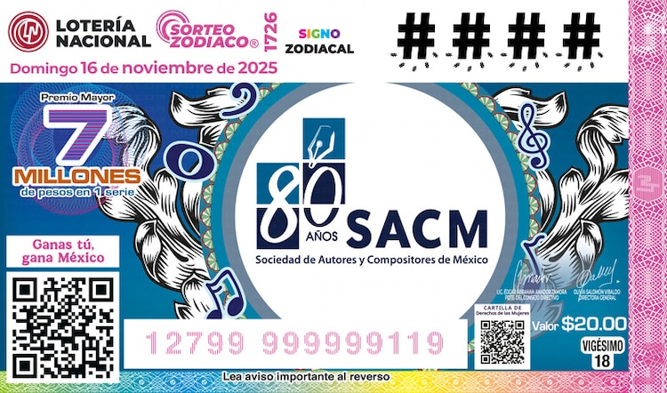 El Sorteo Zodiaco 1726 está dedicado al 80° aniversario de la Sociedad de Autores y Compositores de México (SACM).