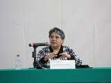 Raquel Buenrostro, jefa del SAT, en conferencia de prensa, ayer.