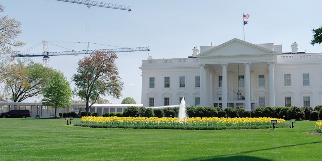 Grúas utilizadas para construcción del nuevo salón de baile de la Casa Blanca, el sábado.