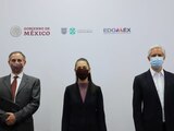 De izq. a der.: el subsecretario de Salud, Hugo López-Gatell; la Jefa de Gobierno, Claudia Sheinbaum, y el gobernador del Edomex, Alfredo del Mazo, ayer.