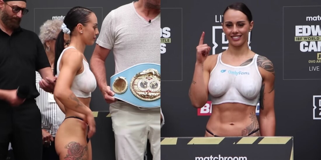 La boxeadora Cherneka Johnson promovió su perfil de OnlyFans en el pesaje previo a su pelea contra Ellie Scotney.