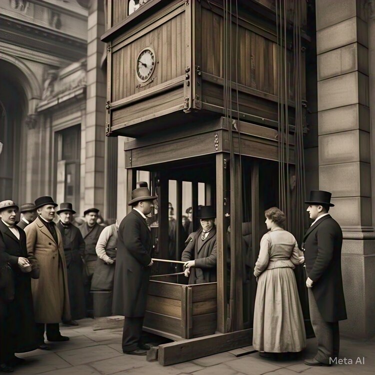 Una imagen generada con IA que representa al primer elevador en la historia, instalado un día como hoy en Nueva York.