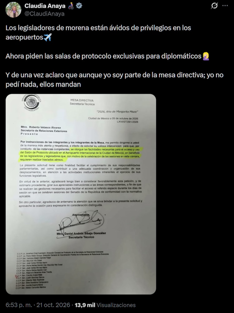 Documento publicado por la senadora Claudia Anaya, el 21 de octubre de 2026.