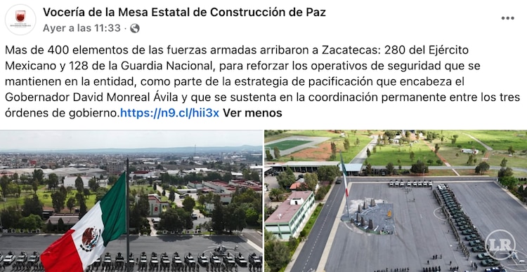 Publicación de la Vocería de la Mesa Estatal de Construcción de Paz y Seguridad del Estado de Zacatecas