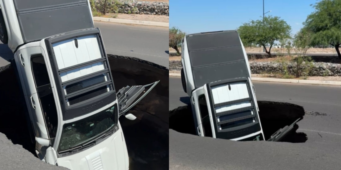 Socavón traga camioneta en Sonora
