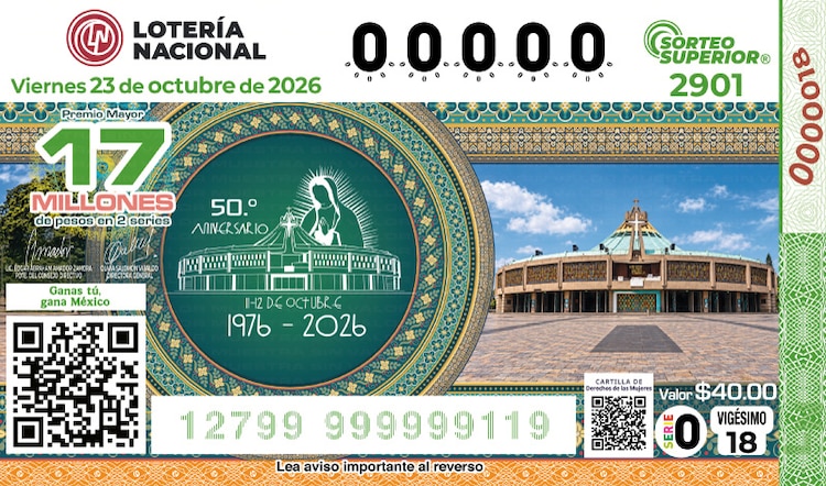 El billete del Sorteo Superior 2901 está dedicado al Cincuentenario de la Basílica de Guadalupe.