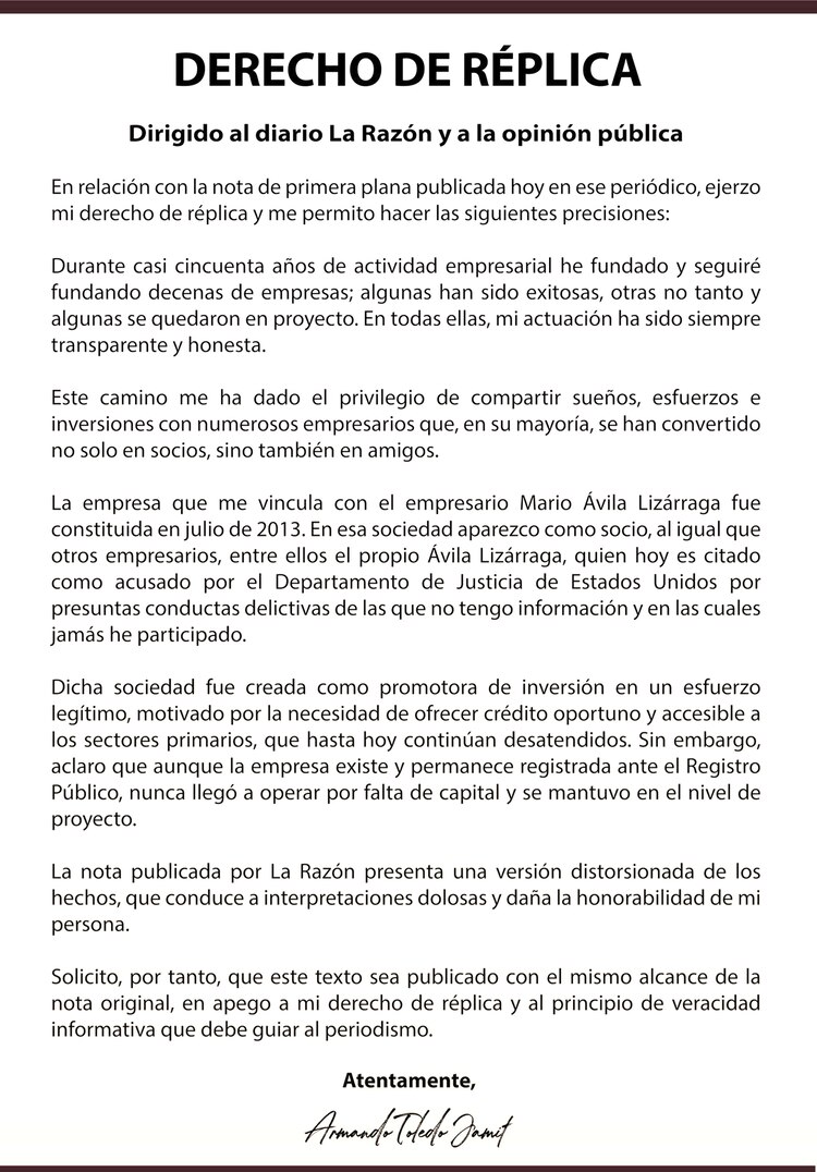 Derecho de réplica de Toledo Jamit publicada en sus redes sociales, ayer.