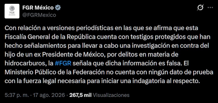 FGR niega investigación contra Andrés Manuel López Beltrán.