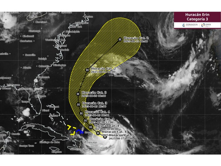 Mapa de la trayectoria estimada del huracán Erin.
