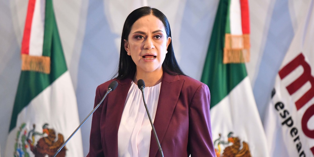 La dirigente nacional de Morena, Ariadna Montiel Reyes, en conferencia de prensa el 26 de agosto de 2026.