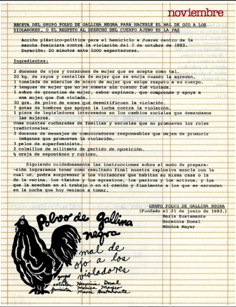 "Receta del Grupo Polvo de Gallina Negra para hacerle el mal de ojo a los violadores" que se publicó en una agenda feminista.