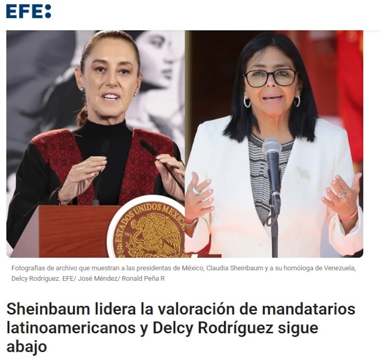 Nota de EFE sobre resultados que colocan a presidenta mexicana (izq.) a la cabeza de ranking de popularidad.