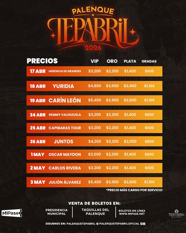 Costos de boletos Palenque Tepabril 2026